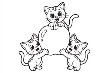 Three adorable kittens playing together with a giant apple illustration silhouette white background