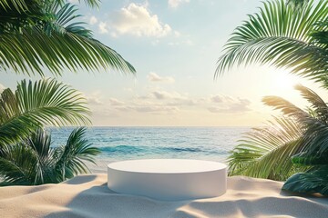 Tropical beach background with empty round podium on sand surrounded by green palm leaves and sunlight over ocean perfect for product display or branding mockup