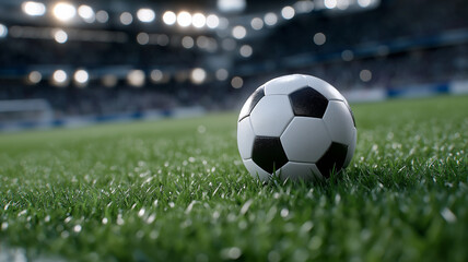 Fototapeta premium Ultra-detailed 3D render of classic black and white soccer ball on vibrant green grass in professional stadium with dramatic floodlights, cheering crowd, flags, and cinematic sports competition energy