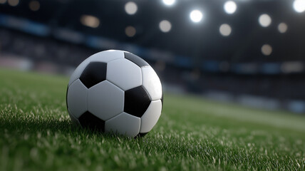 Fototapeta premium Cinematic sports concept with football placed on grass blades, illuminated by dramatic lighting, giant stadium architecture, cheering supporters, and detailed textures representing victory and competi