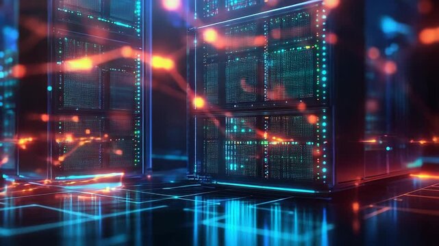 Server racks processing data with futuristic charts and graphs glowing