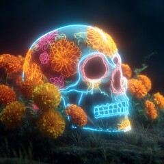Neon Sugar Skull with Marigolds - Day of the Dead