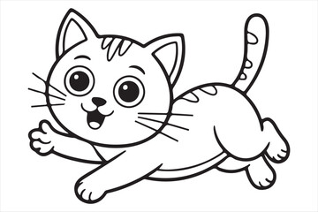 Naklejka premium Happy cartoon kitten running with big eyes and striped tail silhouette white background