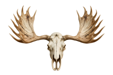 Moose skull, antlers, forest backdrop, wildlife art