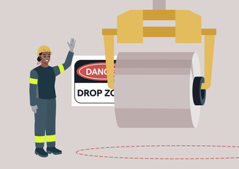 A dedicated character stands beside a warning sign, smiling and signaling for safety while a heavy object hovers above, emphasizing the importance of precautions in construction