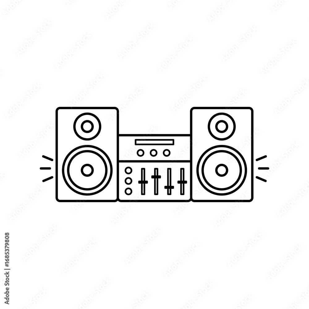 Poster a black line drawing shows two speakers and a mixer suggesting audio equipment each speaker has two 