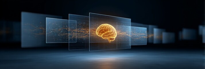 Digital brain glowing inside multiple holographic screens, symbolizing artificial intelligence processing data and information through a complex network