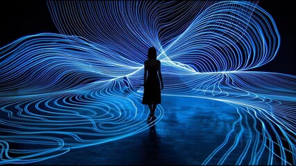 Lone woman silhouettes immersive experience in futuristic digital world, captivated by flowing abstract blue light wave representing stunning data flow concept - Powered by Adobe