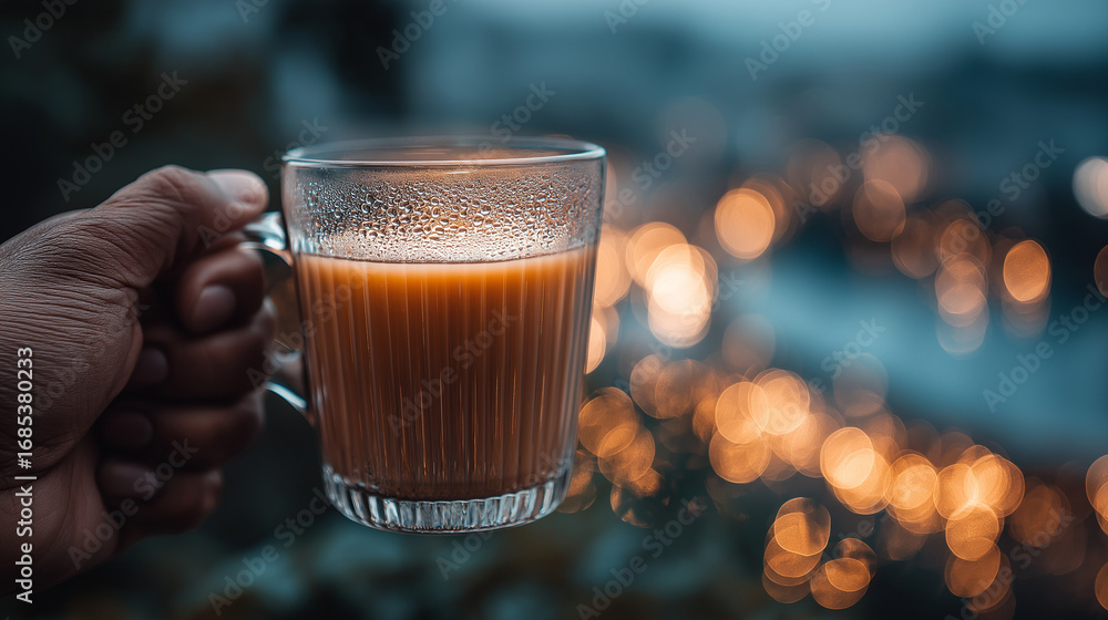 Aufkleber executive beverage and contemplating at evening reflection and recollection with warm drink on journ