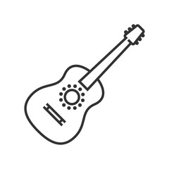 A blackoutlined guitar is angled on a white background The guitar has a sound hole with dots. Editable stroke. Vector illustration