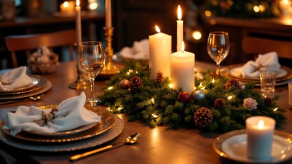 A beautifully arranged holiday dining table, featuring candles, elegant dinnerware, and festive decorations, creating a warm and inviting atmosphere.