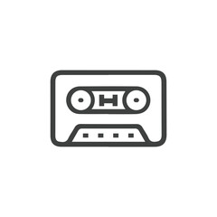 A cassette tape icon outlined in grey with rounded corners Two circular holes appear on the tapes body. Editable stroke. Vector illustration