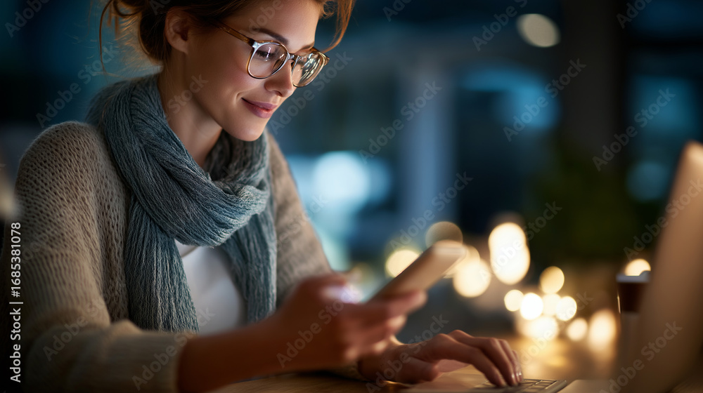Aufkleber female mobile conversation and device in workplace at evening for talk organizing and time limit for