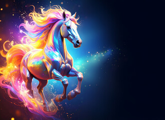 Colorful Fantasy Horse Illustration with Flowing Neon Mane and Dynamic Motion