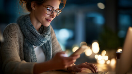 Female Mobile Conversation and Device in Workplace at Evening for Talk Organizing and Time Limit for Reviewing Blur Reporter and Portable to Link Publisher Organize Plan and Extra