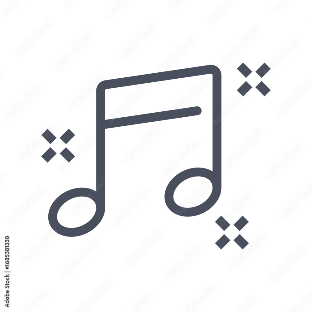 Poster a gray music note with two oval shapes a horizontal line and three gray sparkle shapes on a white ba