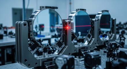 Fototapeta premium Closeup of highly sophisticated beam steering mirrors within a freeelectronlaser alignment hall critical for directing intense Xray pulses.