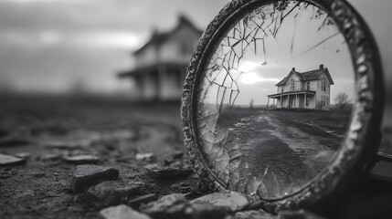 Reflections of a Past Era in a Broken Mirror Near Abandoned House