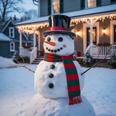 Obraz premium Festive Snowman on Snowy Porch Christmas Lights