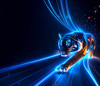 Neon Tiger Illustration &ndash; Dynamic Year of the Tiger Chinese Zodiac Artwork in Electric Blue and Orange Light Trails