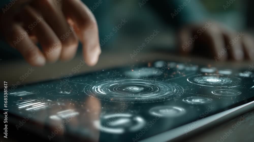 Poster close-up of finger touching interactive digital screen interface