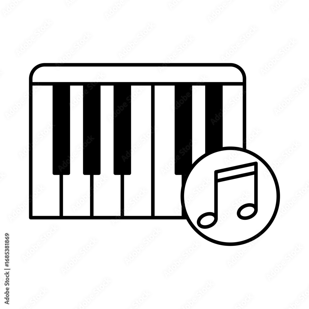 Aufkleber a piano keyboard icon with a musical note within a circle on the right side. editable stroke. vector