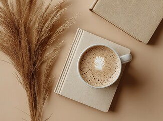 Aesthetic coffee latte art with book and pampas grass flatlay