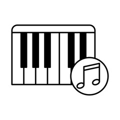 A piano keyboard icon with a musical note within a circle on the right side. Editable stroke. Vector illustration