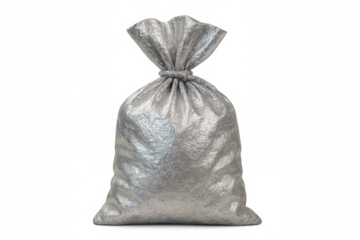 Closed silver bag full of something valuable, tied with rope, isolated on transparent background, ready for easy compositing