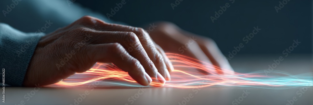 Poster weathered hands guiding luminous digital light streams, representing human connection with emerging 