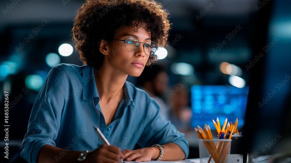 Aufkleber female scripting and journal at workplace evening or management for schedule organization for assess
