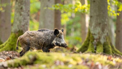 Wild boar in a sunlit forest