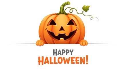 Happy halloween greeting with a carved pumpkin jackolantern smiling and peeking over a white surface, isolated on white background