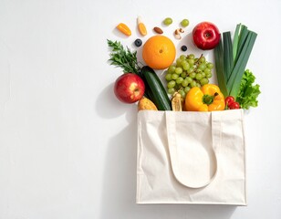 A healthy paper bag filled with fresh groceries including fruit and vegetables on a white background