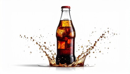 Cold glass bottle of cola with fizzing bubbles sweet refreshing carbonated drink isolated on white background
