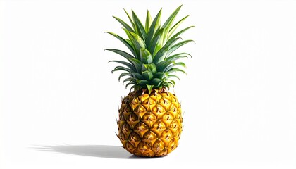 Fresh pineapple with spiky green crown golden textured skin juicy tropical fruit isolated on white background
