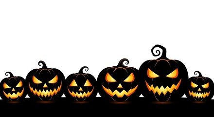 A row of carved halloween pumpkins with glowing eyes and mouths, isolated on a white background