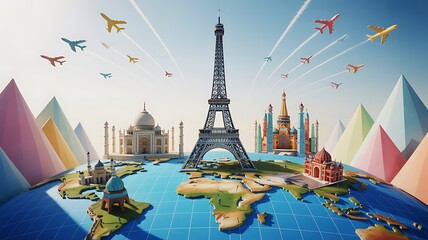 Colorful travel illustration with iconic world landmarks airplanes and polygon style world map symbolizing international tourism