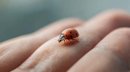 Orange ladybug with black spots is gently crawling on a person's fingertip, showcasing the delicate beauty of nature's smallest creatures and the peaceful coexistence between humans and insects