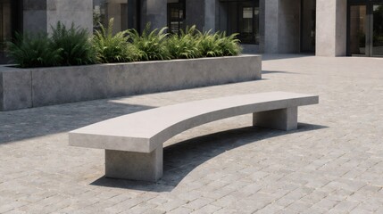 Modern curved concrete bench in a contemporary urban plaza with green plants