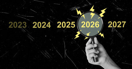 Art collage: Future planning and forecasting from 2023 to 2027, with 2026 highlighted through a...