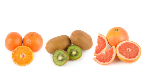 Assortment of Fresh Citrus and Kiwi isolated on white.