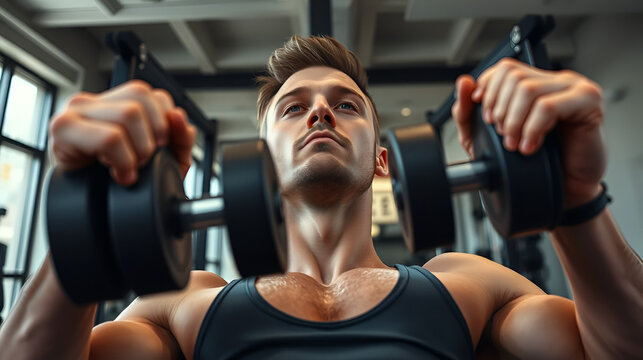 Point-of-view shot of male athlete performing dumbbell chest flyes