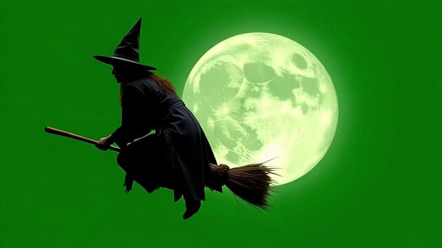 Mysterious witch soaring through the night sky on a broomstick under a luminous full moon