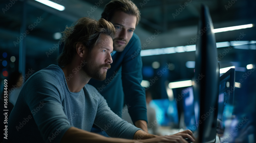 Poster image device and males in data area digital protection and group work with design it expert folks or