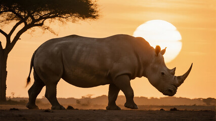 Fototapeta premium The ghostly, transparent silhouette of a rhino walking on a savanna