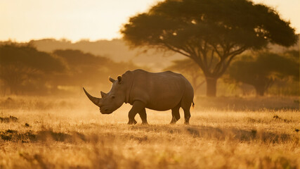 Naklejka premium The ghostly, transparent silhouette of a rhino walking on a savanna