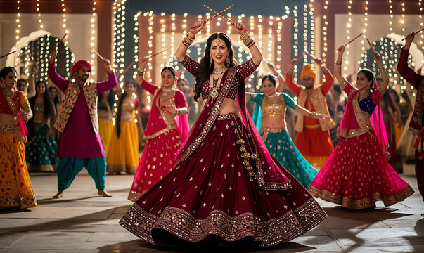 Beautiful women dancing garba in colorful outfits during Navratri celebration