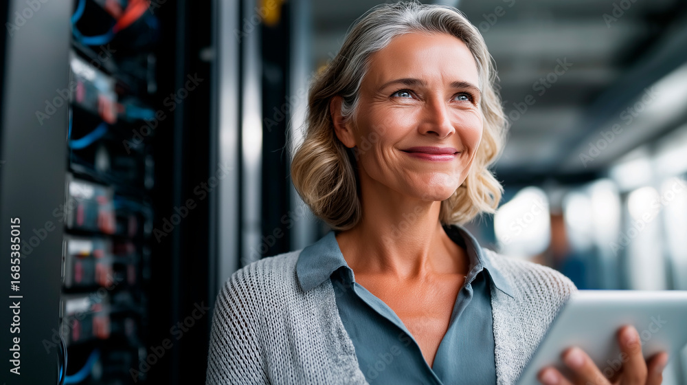 Poster Data Area Image and Female Expert for Digital Protection Renewal or Web Device Structure Digital Assistance Information Hub and Grin of Content Technician for System Info Tech and