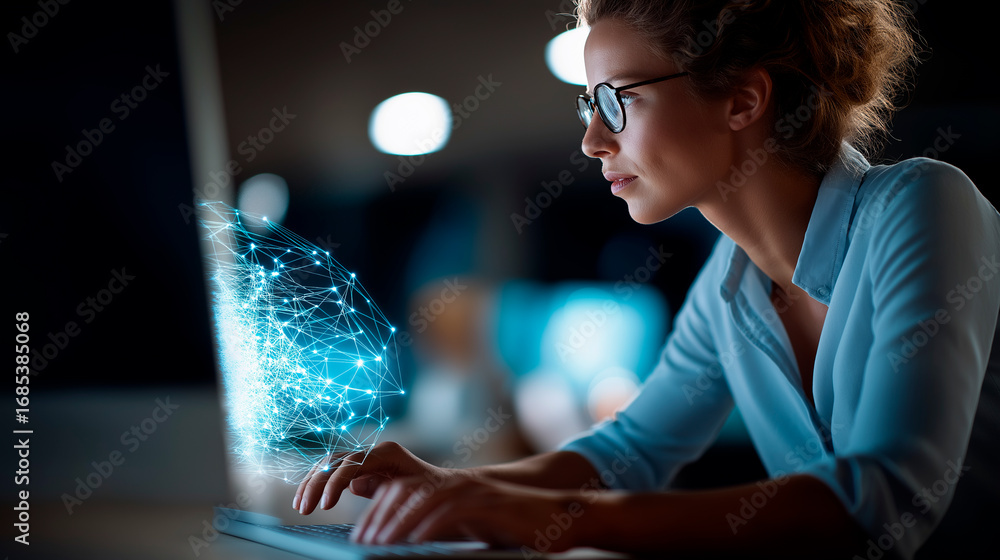 Poster data area image and female expert for digital protection renewal or web device structure digital ass